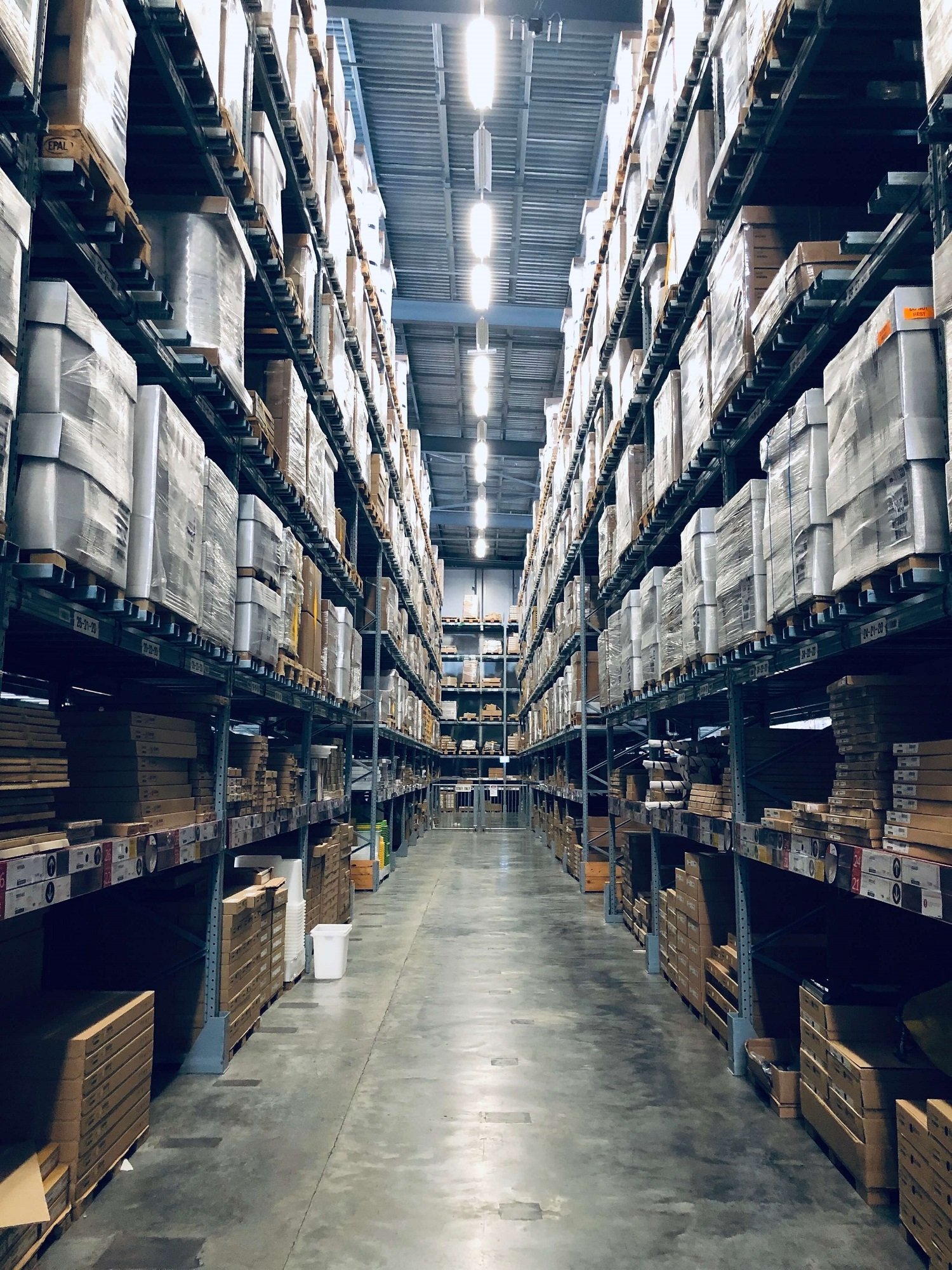 Pallet racks in a warehouse